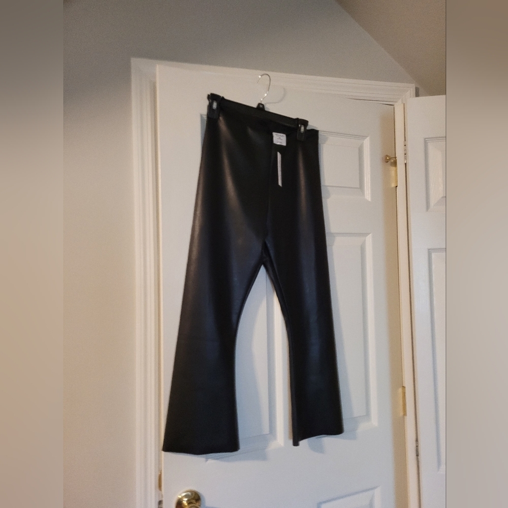 NWT- Black Faux Leather Flare Cropped Pants